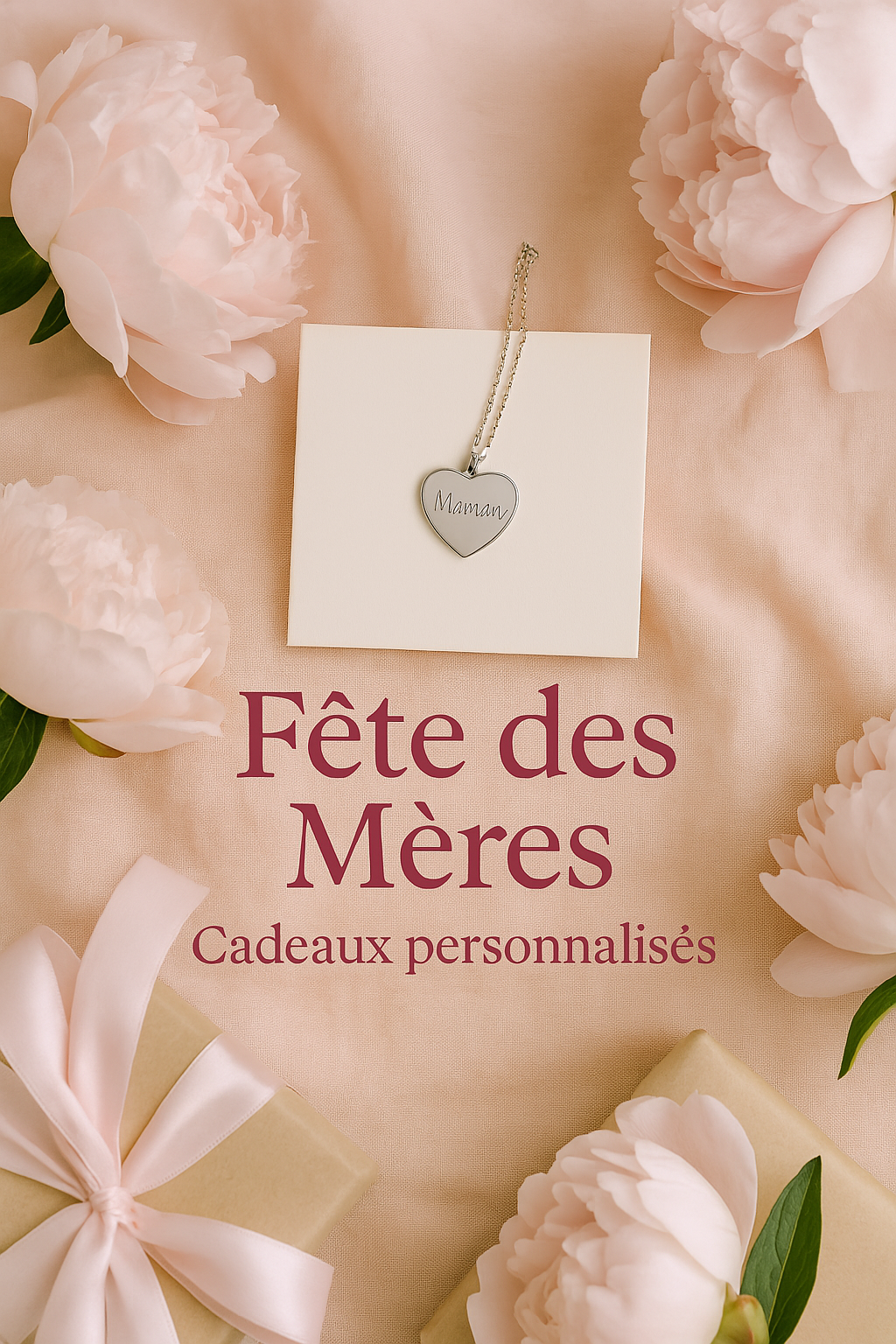 Bijou personnalisé pour la fête des mères – collier Maman en argent entouré de fleurs roses et d’un coffret cadeau élégant