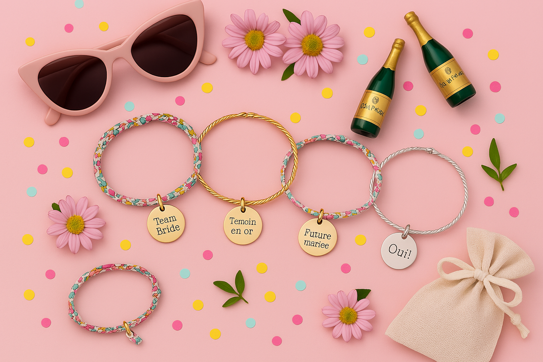 Bracelets personnalisés EVJF posés sur un fond rose avec accessoires de fête, pochon cadeau, confettis et mini bouteilles de champagne