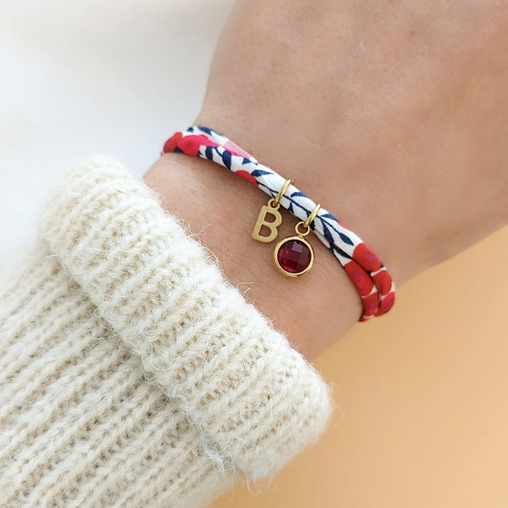 Bracelet en Liberty avec lettre et pierre de naissance - Bliche