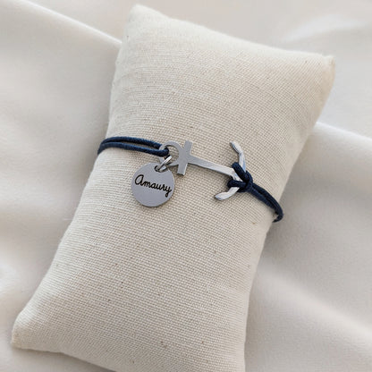 Bracelet homme personnalisé en cordon avec ancre marine et médaille gravée
