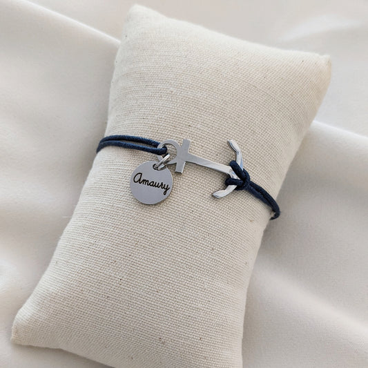 Bracelet homme personnalisé en cordon avec ancre marine et médaille gravée