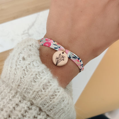 Bracelet personnalisé à graver avec fleur de naissance - Cadeau naissance