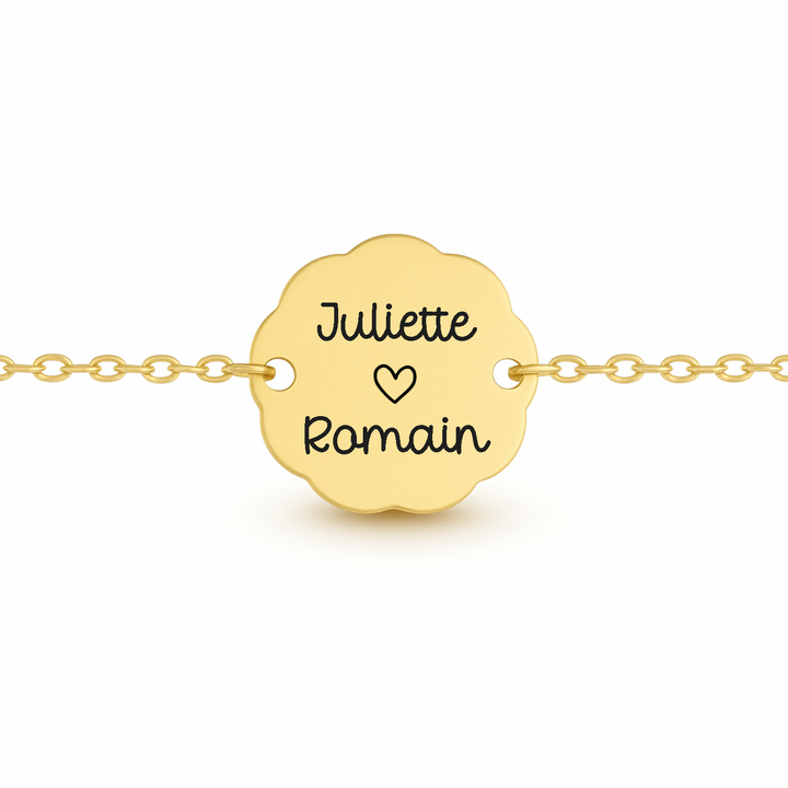 Bracelet personnalisé avec médaille fleur à graver et chaîne