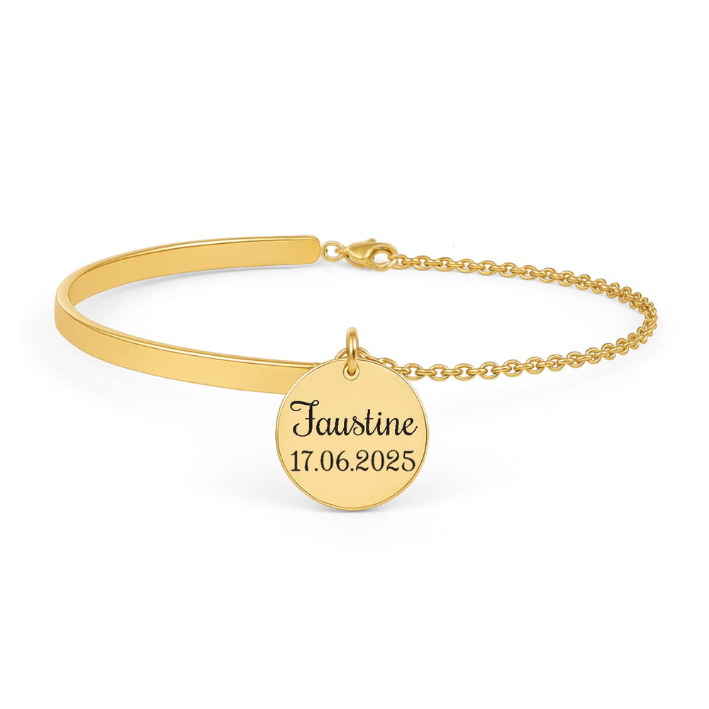 Bracelet demi-jonc doré médaille gravée prénom et date de naissance personnalisé chaîne fine