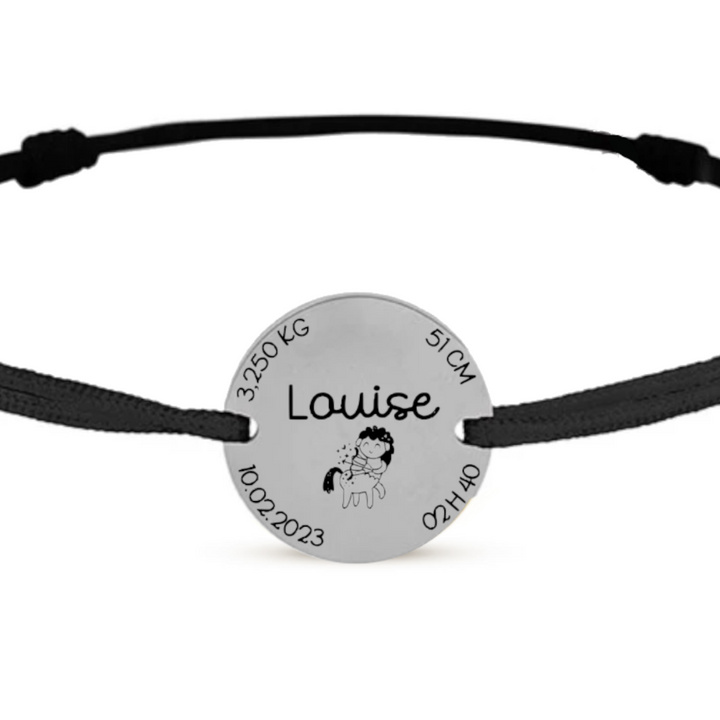 Bracelet personnalisé cordon avec médaille naissance personnalisable