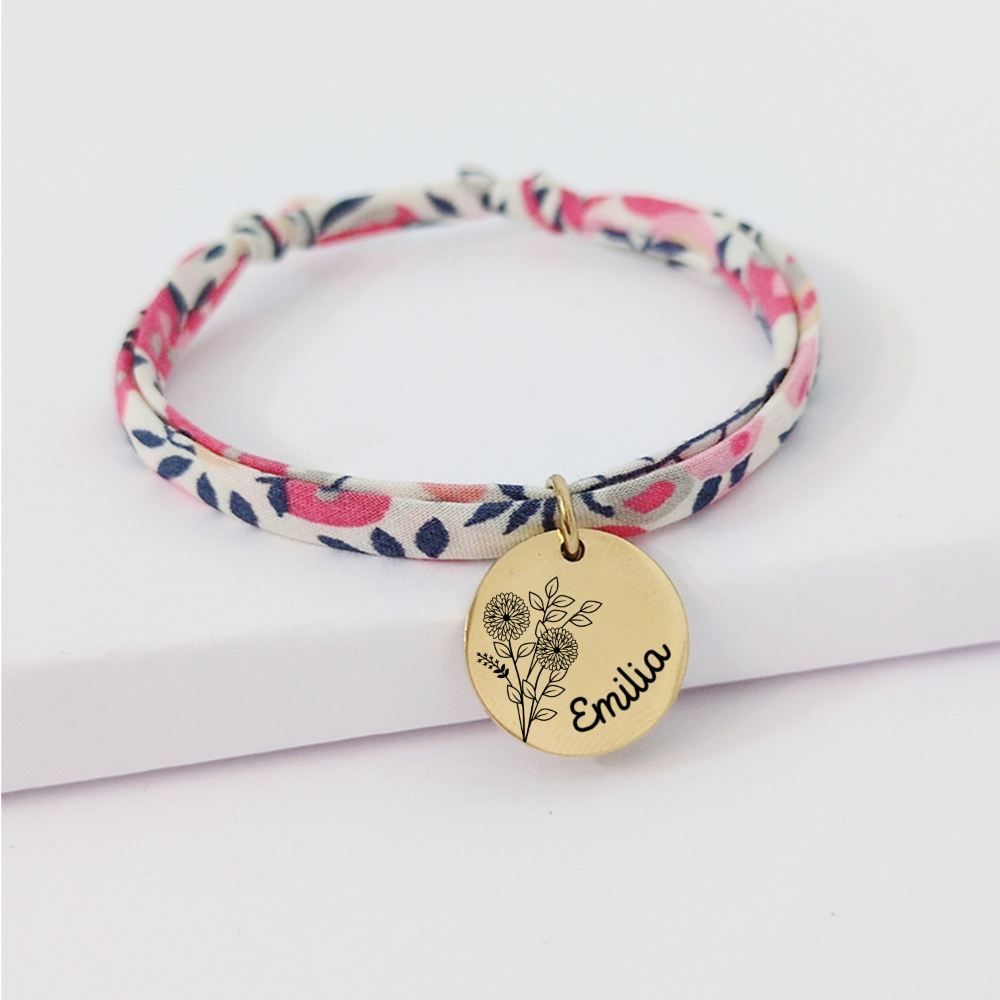 Bracelet personnalisé en liberty avec fleur de naissance - cadeau idéal pour une naissance