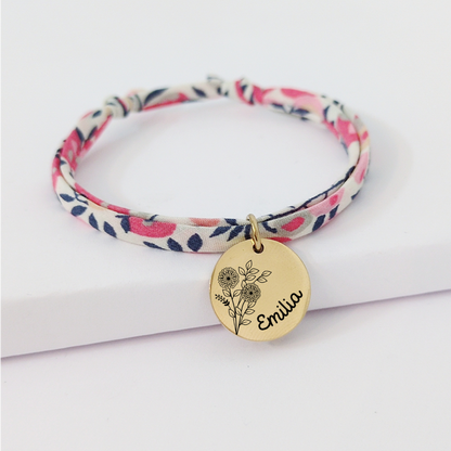Bracelet personnalisé en liberty avec fleur de naissance - cadeau idéal pour une naissance