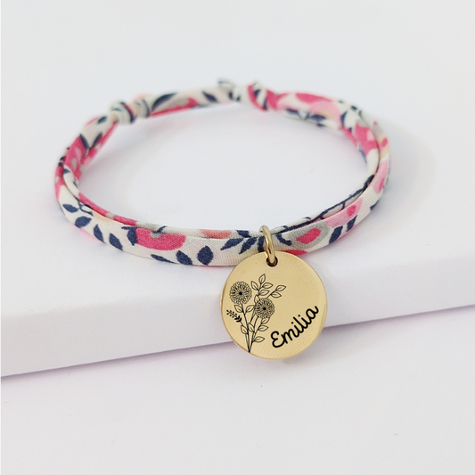 Bracelet personnalisé en liberty avec fleur de naissance - cadeau idéal pour une naissance