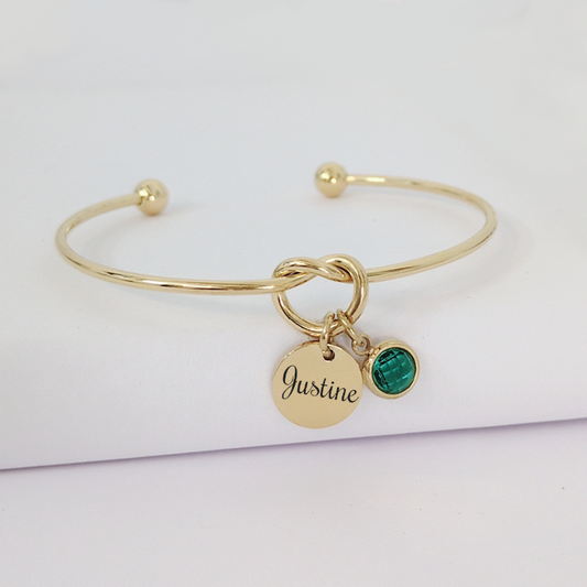 Bracelet jonc avec noeud et médaille à personnalisé, orné d'une pierre de naissance