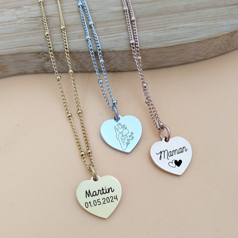 Collier personnalisé médaille cœur en acier inoxydable – Cadeau fête des mères idéal