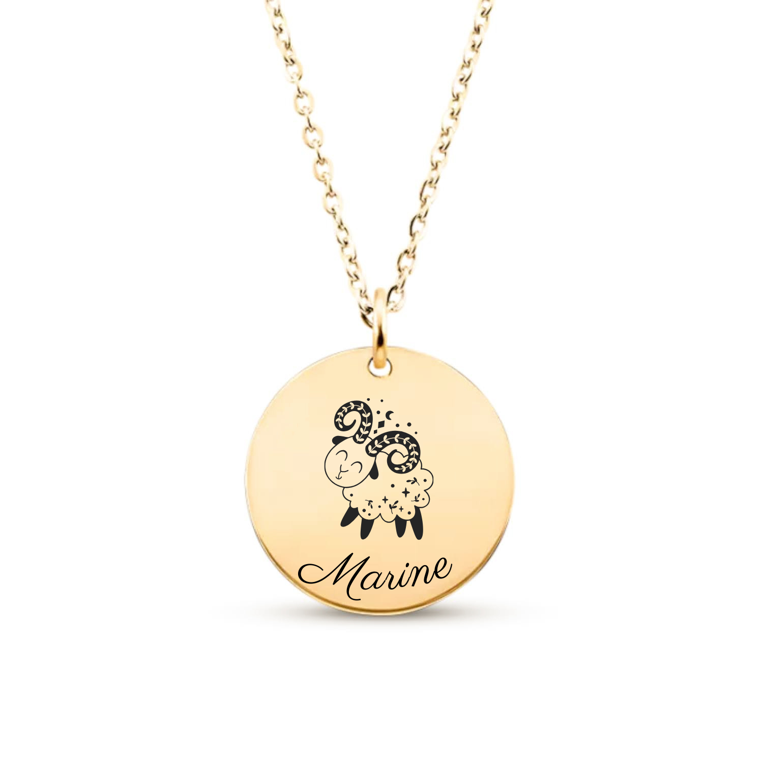 Collier astrologique en acier inoxydable doré, personnalisé avec signe du zodiaque et prénom gravé.