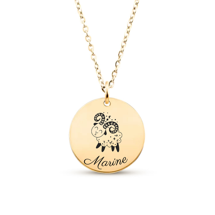 Collier astrologique en acier inoxydable doré, personnalisé avec signe du zodiaque et prénom gravé.