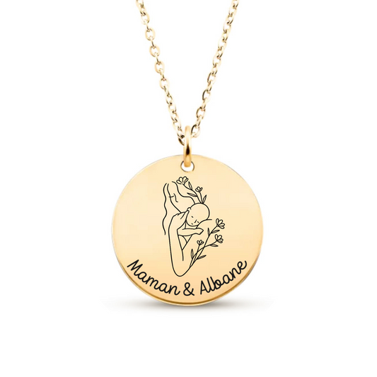 Collier de naissance personnalisé avec dessin maman et bébé en acier inoxydable