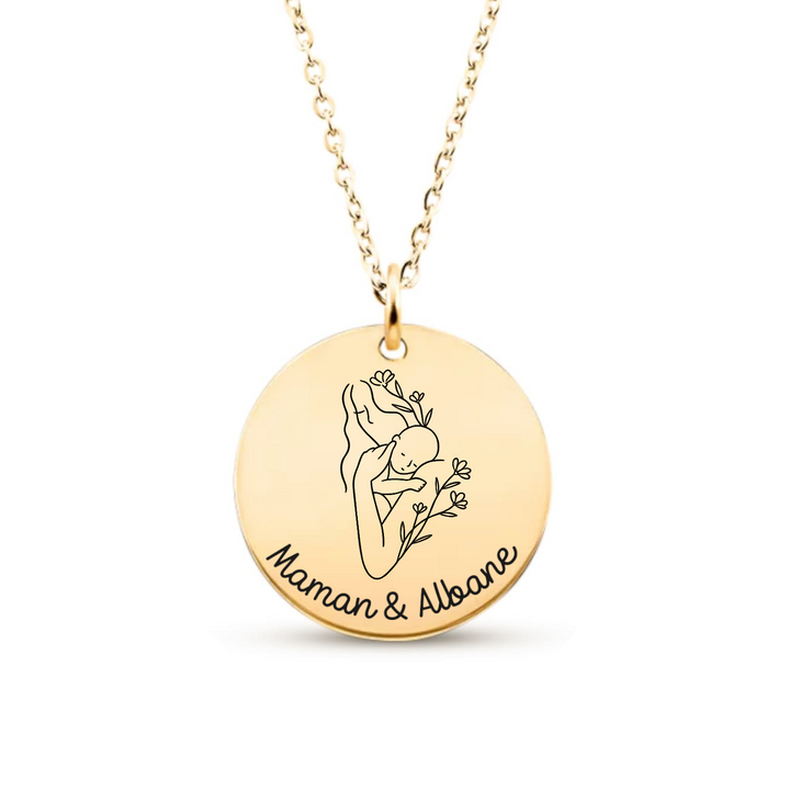 Collier de naissance personnalisé avec dessin maman et bébé en acier inoxydable