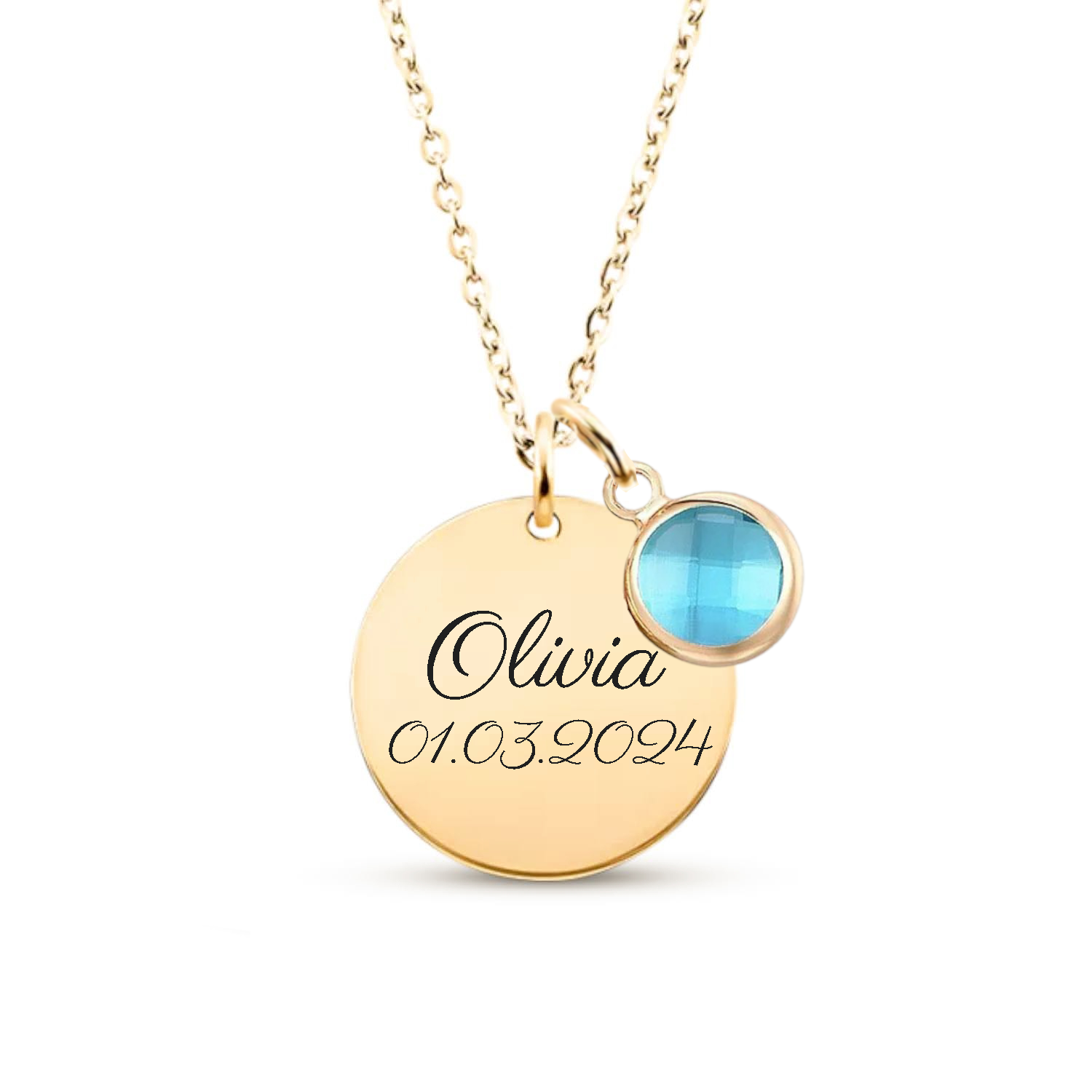 Collier personnalisé femme en acier inoxydable avec médaille gravée et pierre de naissance, cadeau naissance personnalisé original
