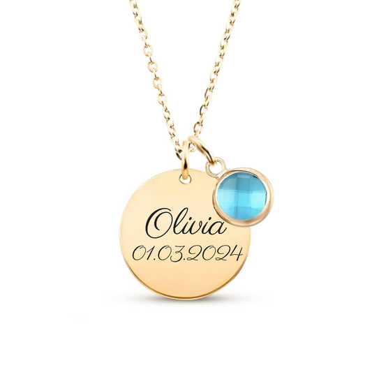 Collier personnalisé femme en acier inoxydable avec médaille gravée et pierre de naissance, cadeau naissance personnalisé original