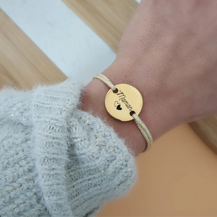 Bracelet personnalisé cordon brillant avec médaille à graver - Cadeau personnalisé