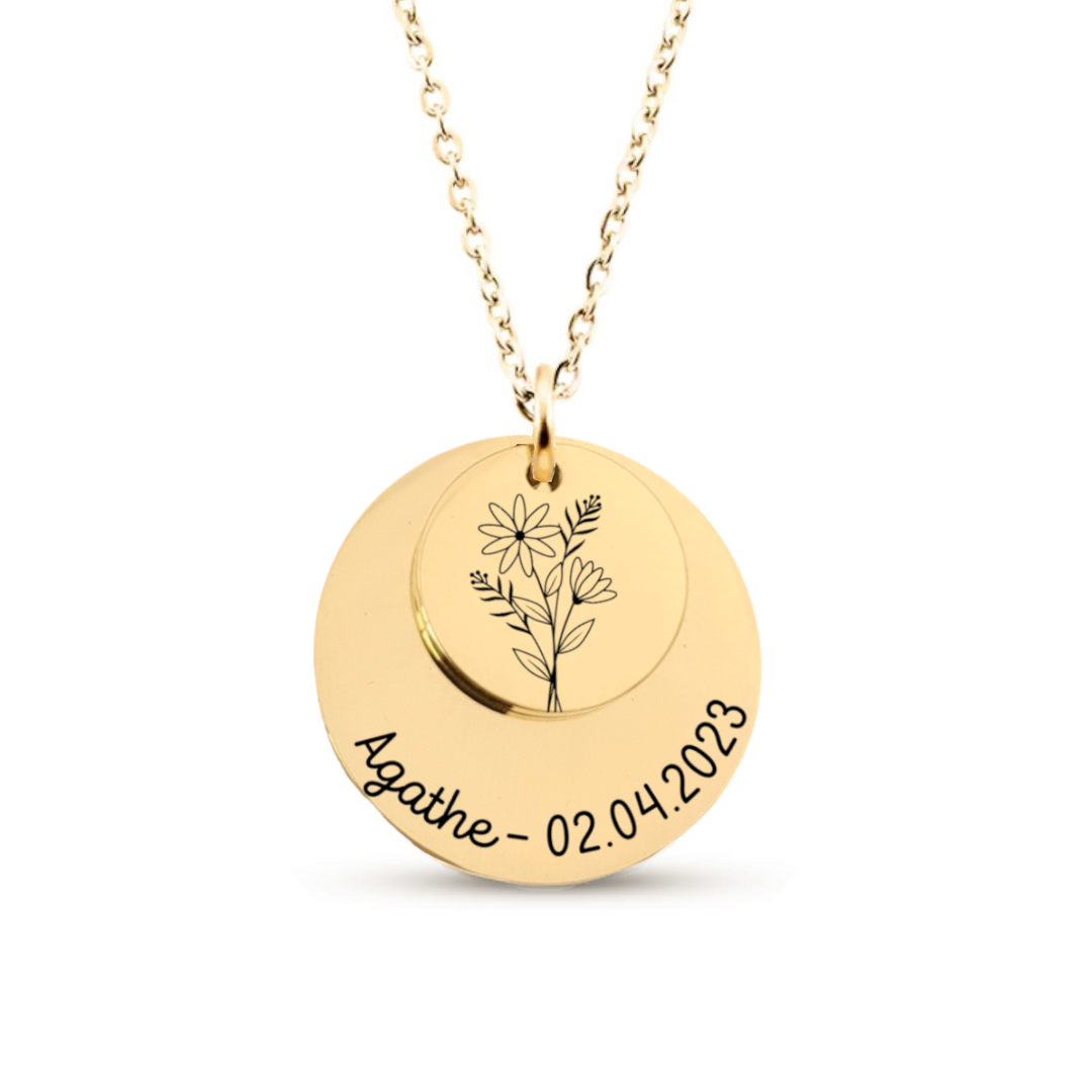 Collier avec double Médaille et fleur de naissance