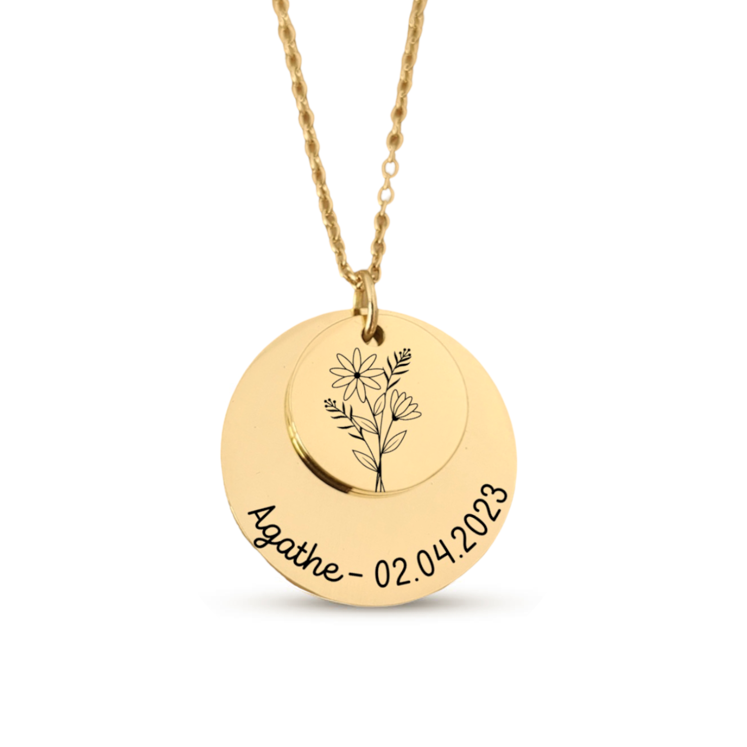 Collier avec double Médaille et fleur de naissance