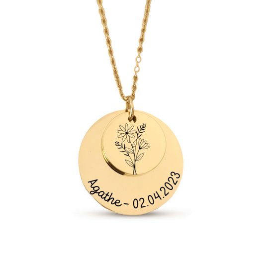 Collier avec double Médaille et fleur de naissance