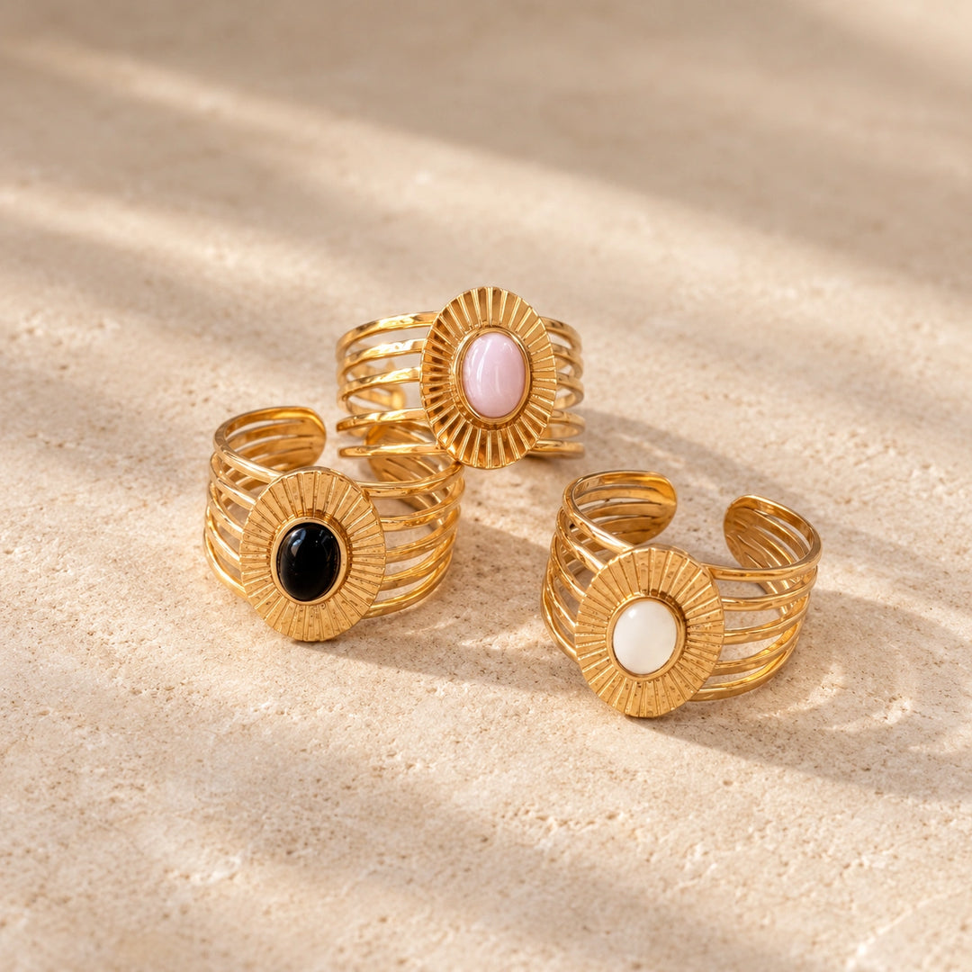 Bague dorée multi-rangs pierre ovale motif soleil strié noir rose nacre blanche acier inoxydable femme Bliche