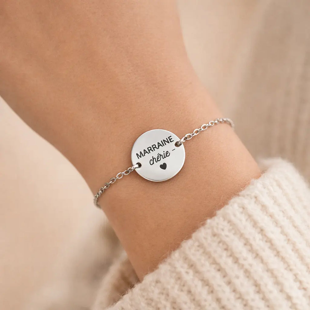Bracelet chaîne fine argent avec médaille gravée marraine Bliche