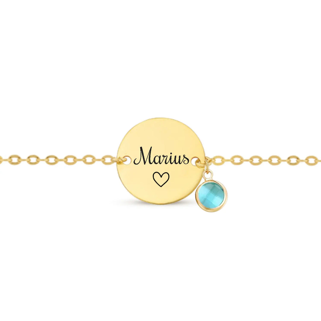 Bracelet chaîne acier grande médaille gravée prénom et pierre de naissance cristal personnalisé Bliche