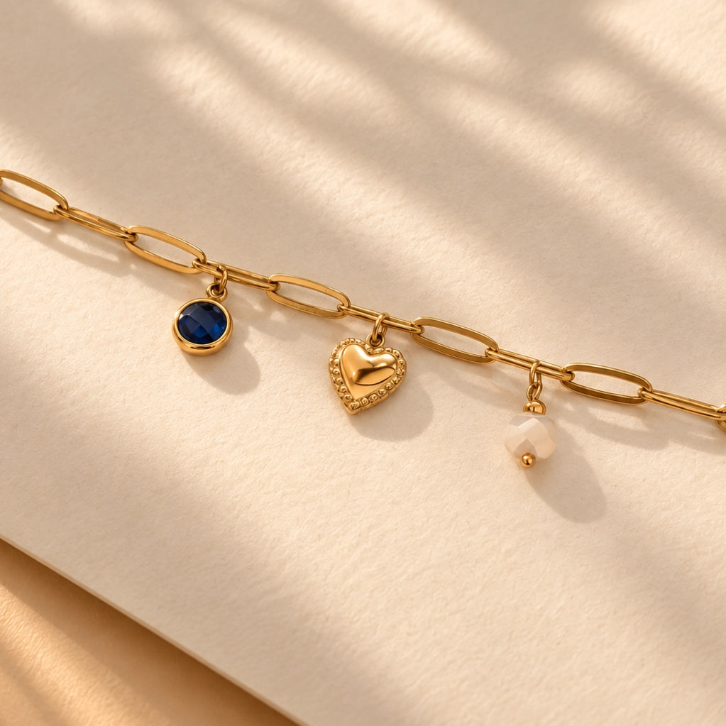 Bracelet chaine avec pierre de naissance et charms coeur