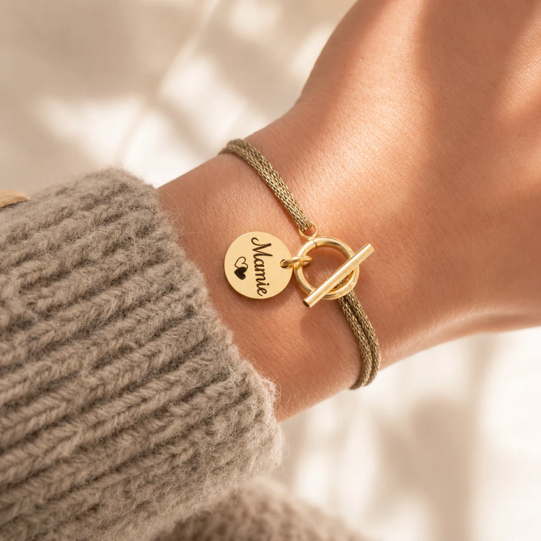 Bracelet cordon brillant Mokuba fermoir OT doré médaille gravée prénom personnalisé Bliche