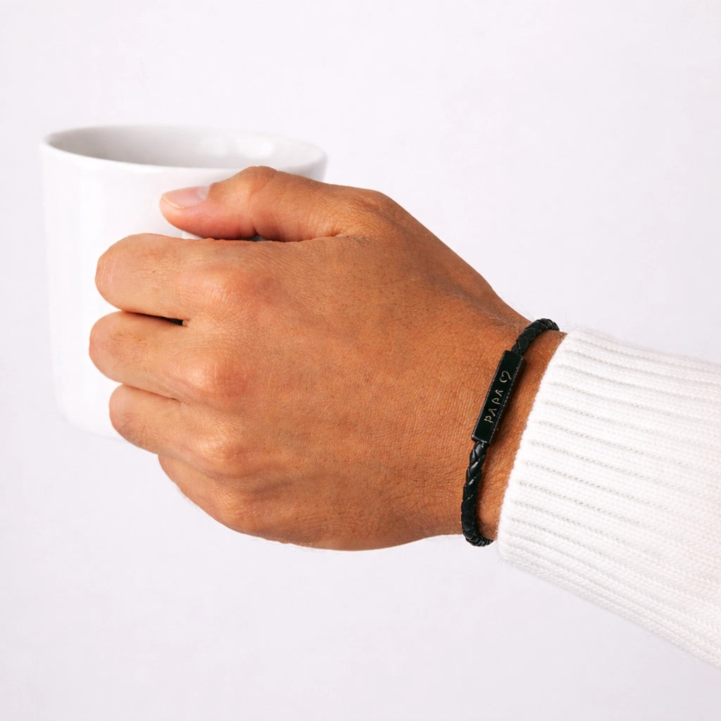 Bracelet cuir homme avec plaque acier gravée PAPA cœur, cadeau naissance