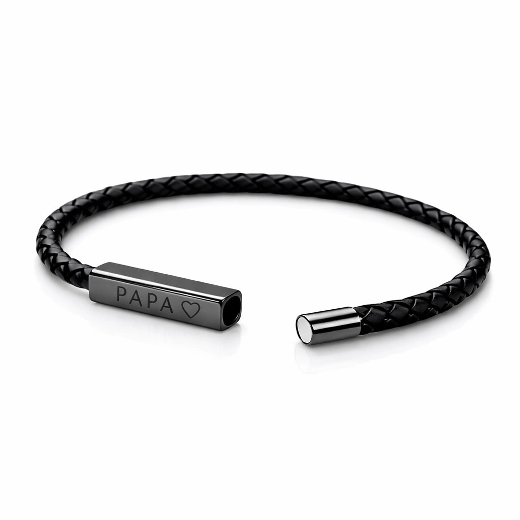 Bracelet cuir tressé noir homme avec plaque acier gravée PAPA cœur, cadeau fête des pères