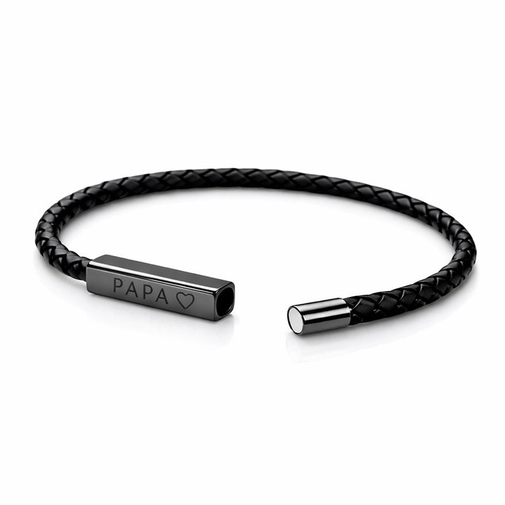 Bracelet cuir tressé noir homme avec plaque acier gravée PAPA cœur, cadeau fête des pères