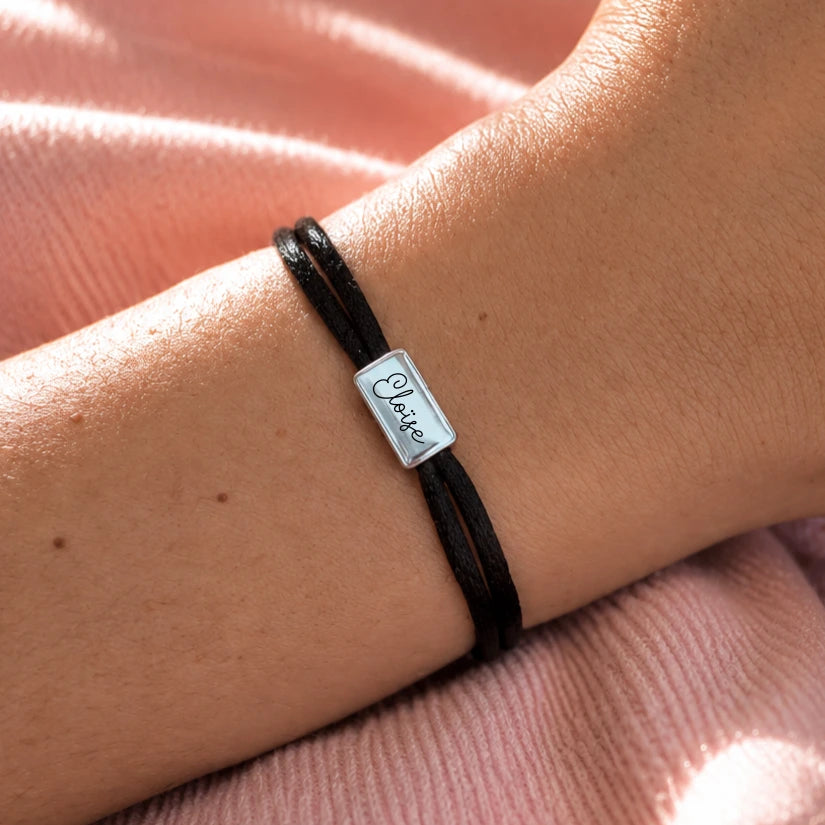 Bracelet double tours avec médaille rectangulaire argent à graver