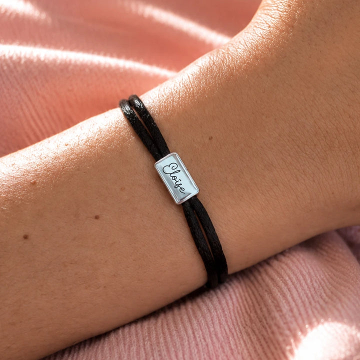 Bracelet double tours avec médaille rectangulaire argent à graver