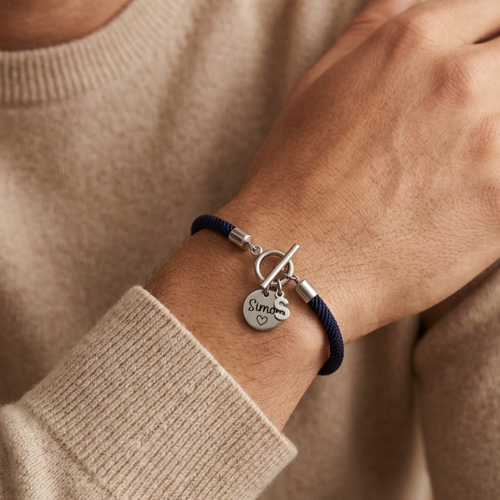 Bracelet personnalisé homme cordon avec médaille gravée