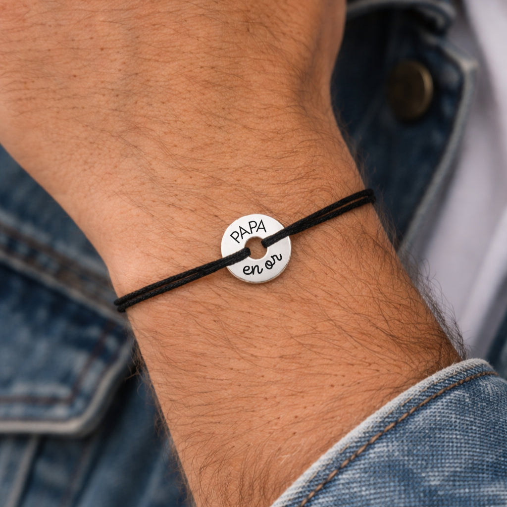 Bracelet homme cordon noir médaille anneau argentée gravée papa en or personnalisé Bliche