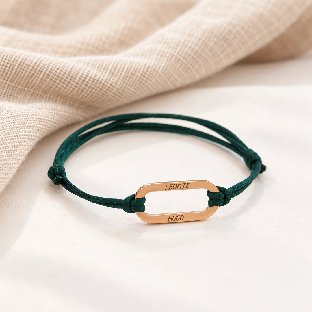 Bracelet cordon vert avec médaille ovale pour femme et homme