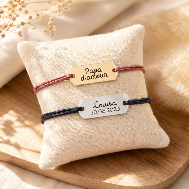 Bracelet homme personnalisé avec médaille ovale gravée en acier inoxydable sur cordon coloré