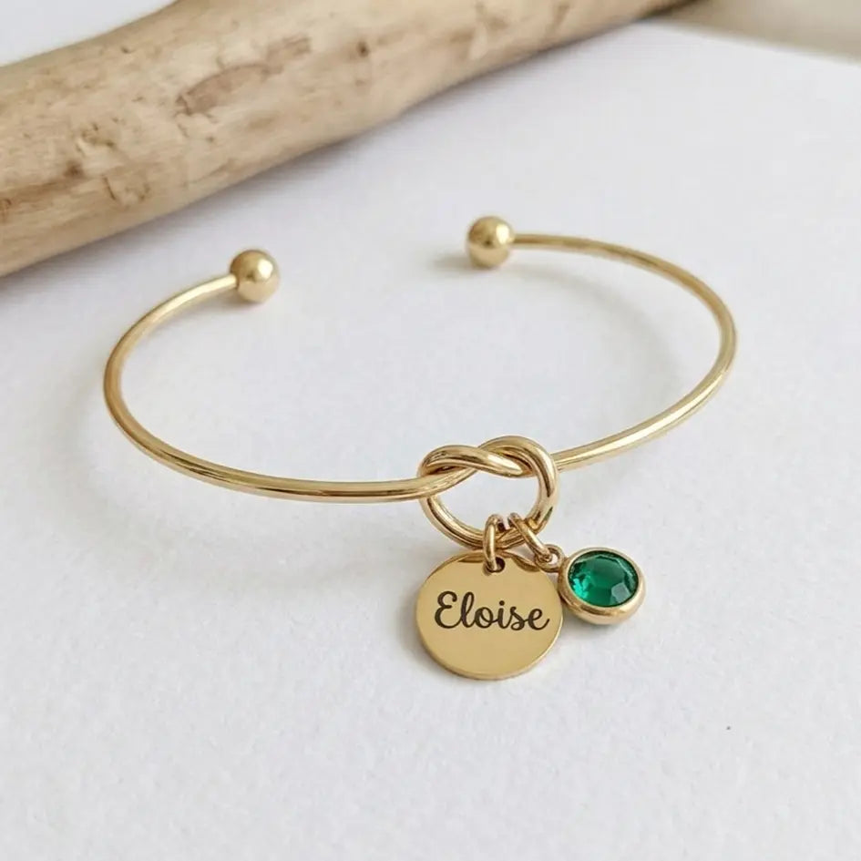 Bracelet jonc avec pierre de naissance et prénom gravé
