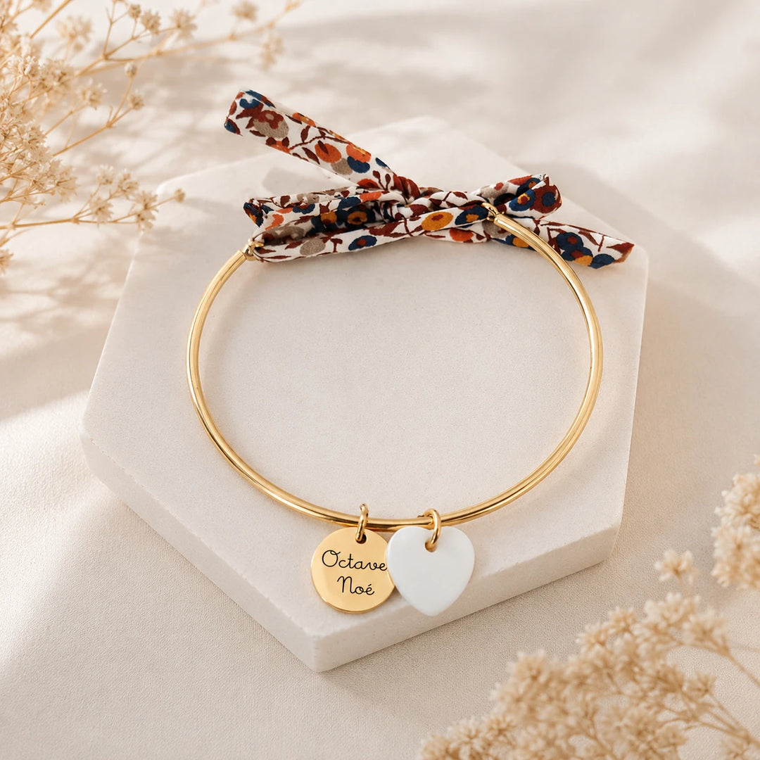 Bracelet jonc avec ruban liberty avec médailles à personnaliser dorées