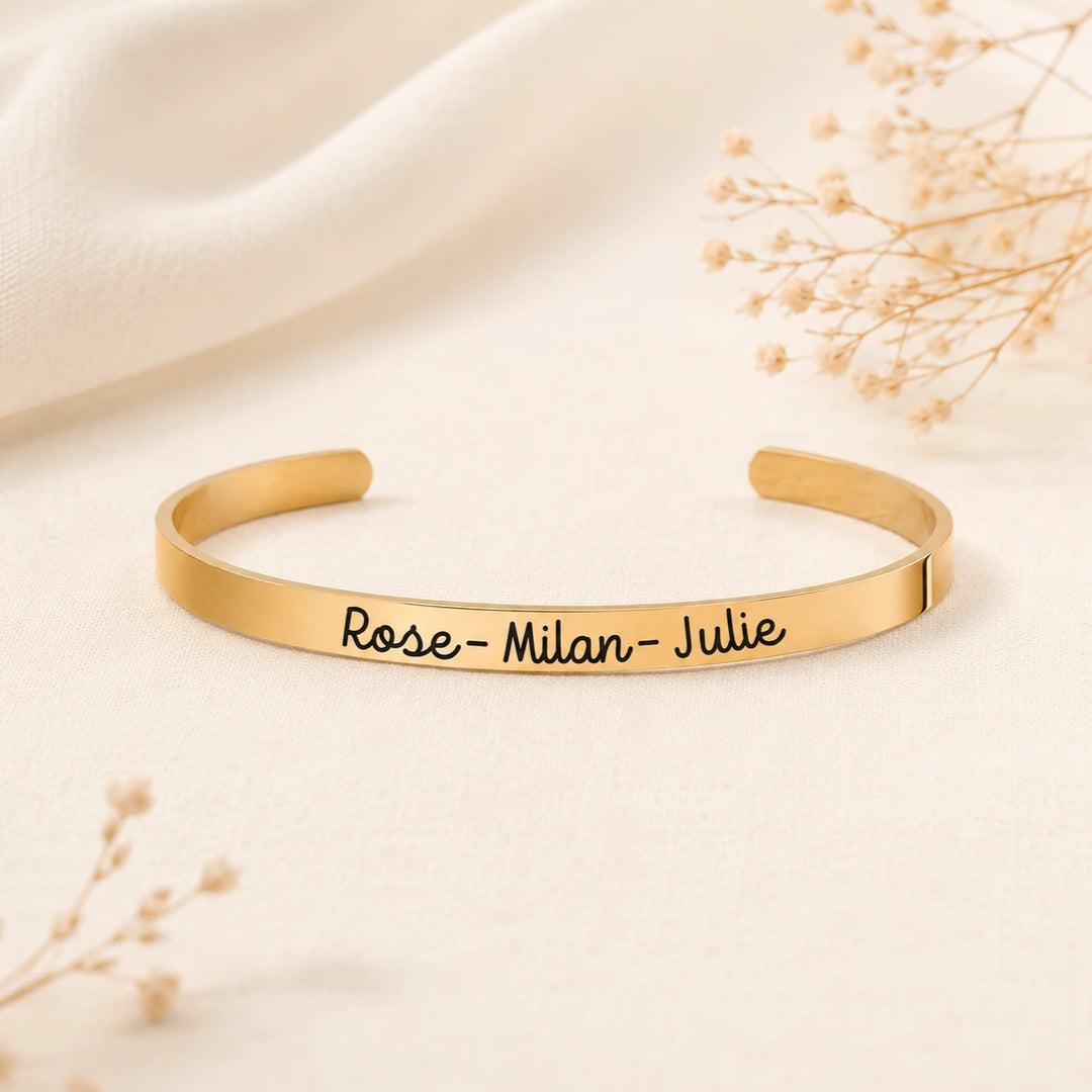 Bracelet jonc ouvert gravé personnalisé prénoms doré  Bliche