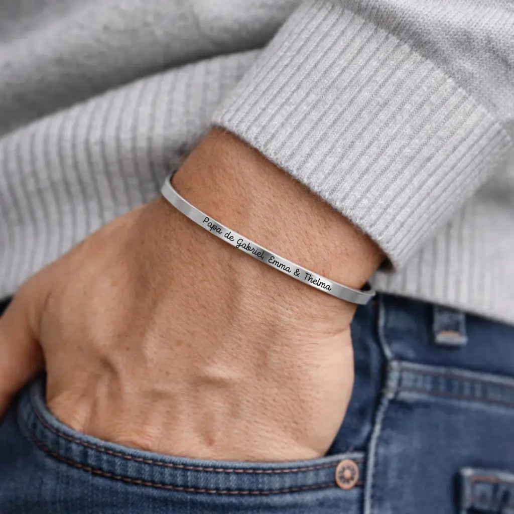 Bracelet jonc ouvert homme gravé personnalisé message prénoms argenté Bliche