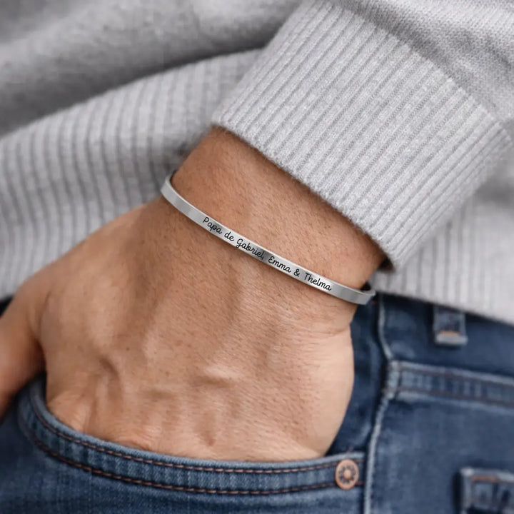 Bracelet jonc ouvert homme gravé personnalisé message prénoms argenté Bliche