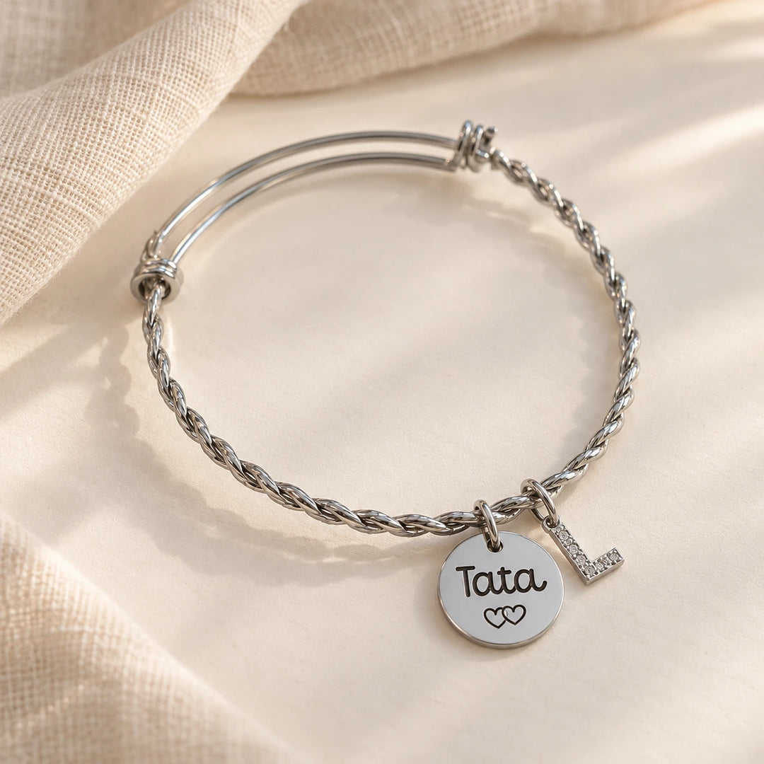 Bracelet jonc tressé avec médaille gravée argentée et lettre zircon L pour femme Bliche