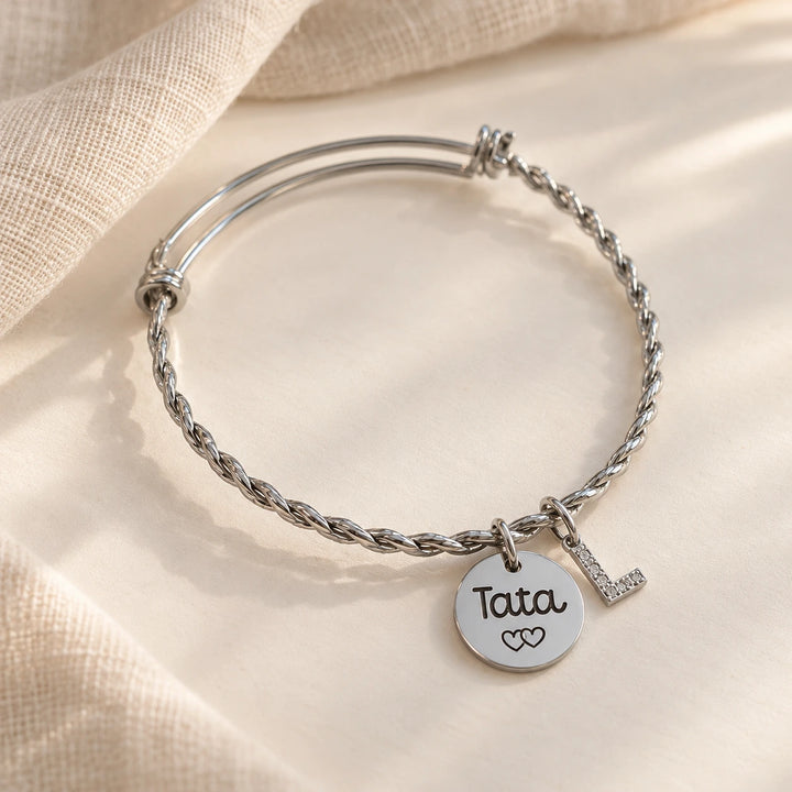 Bracelet jonc tressé avec médaille gravée argentée et lettre zircon L pour femme Bliche