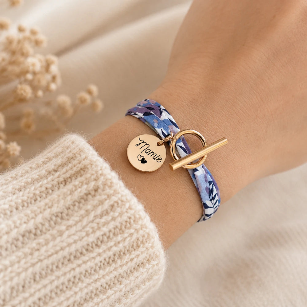 Bracelet liberty double tour grand fermoir OT doré médaille gravée Mamie cordon bleu personnalisé Bliche