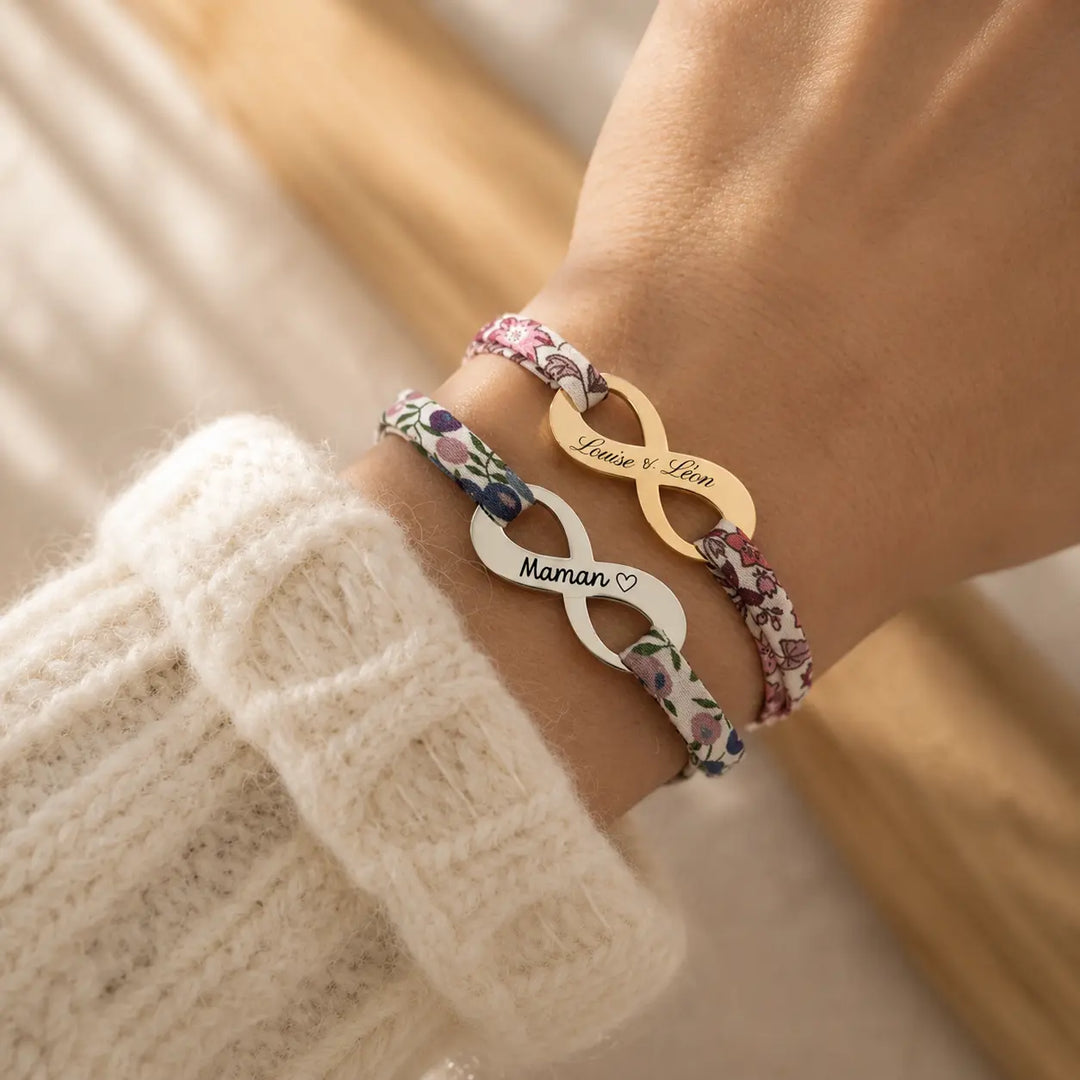 Bracelet infini maman en argent et bracelet prénom en or