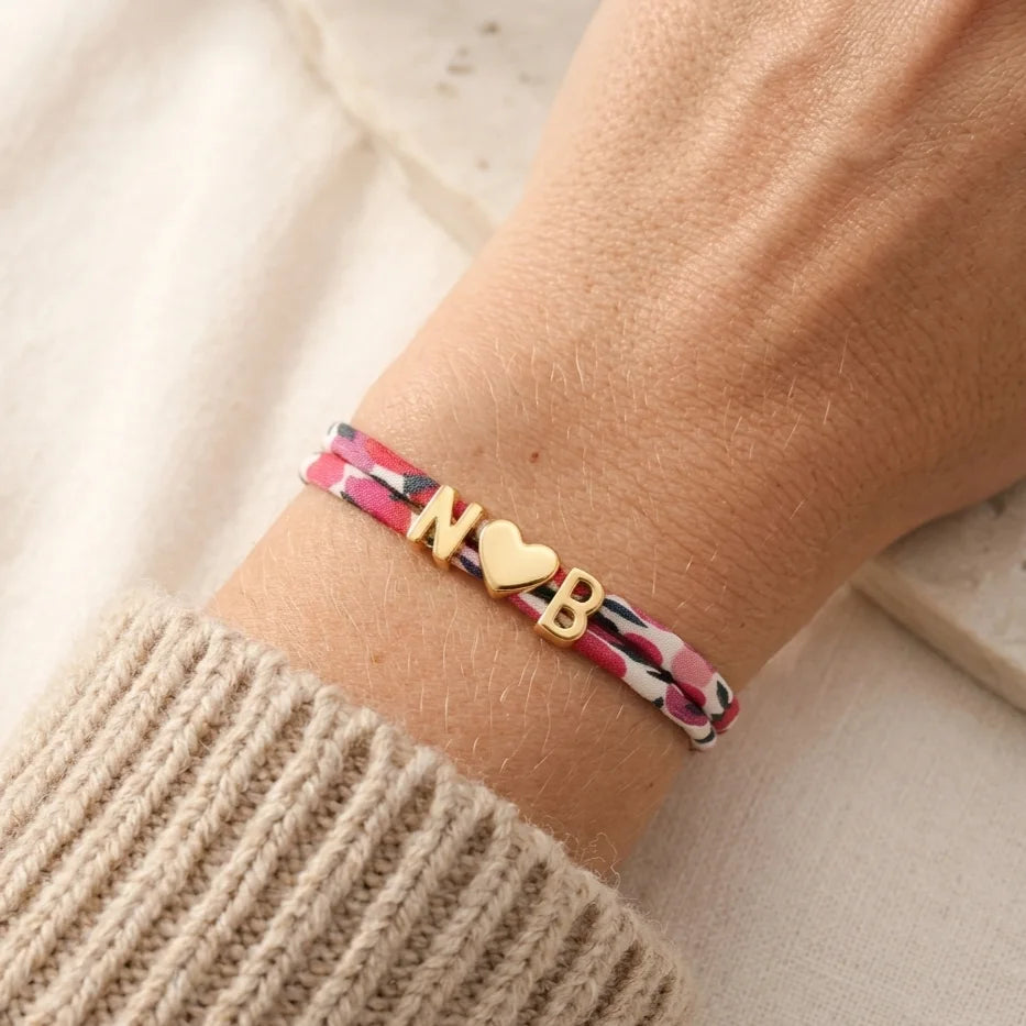 Bracelet liberty personnalisé lettres dorées initiales prénom sur cordon tissu coloré Bliche
