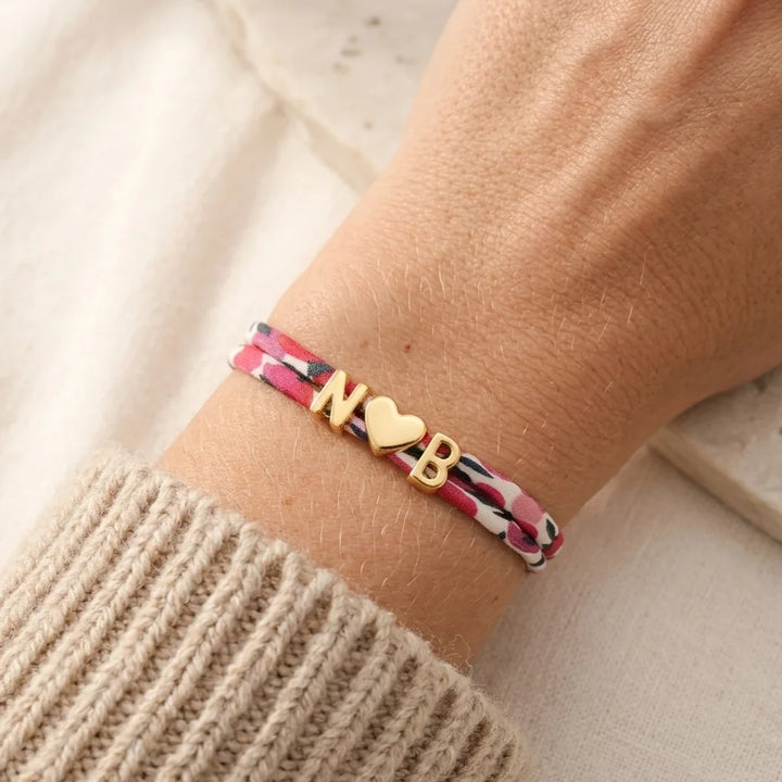 Bracelet liberty personnalisé lettres dorées initiales prénom sur cordon tissu coloré Bliche