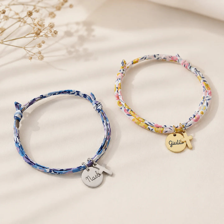 Bracelet liberty médaille argentéegravée prénom et croix fine acier cadeau baptême communion Bliche